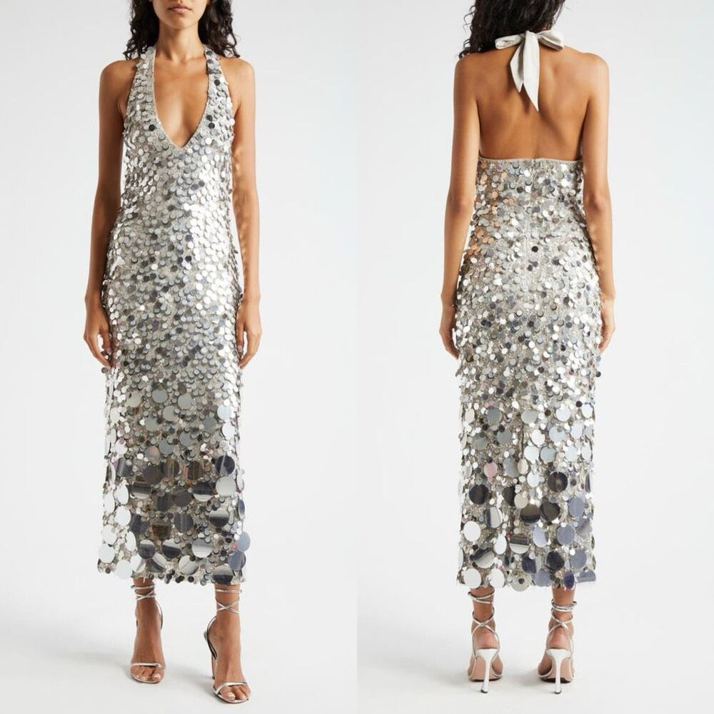 NWT Ramy Brook Silver Sequin Halter Midi Dress